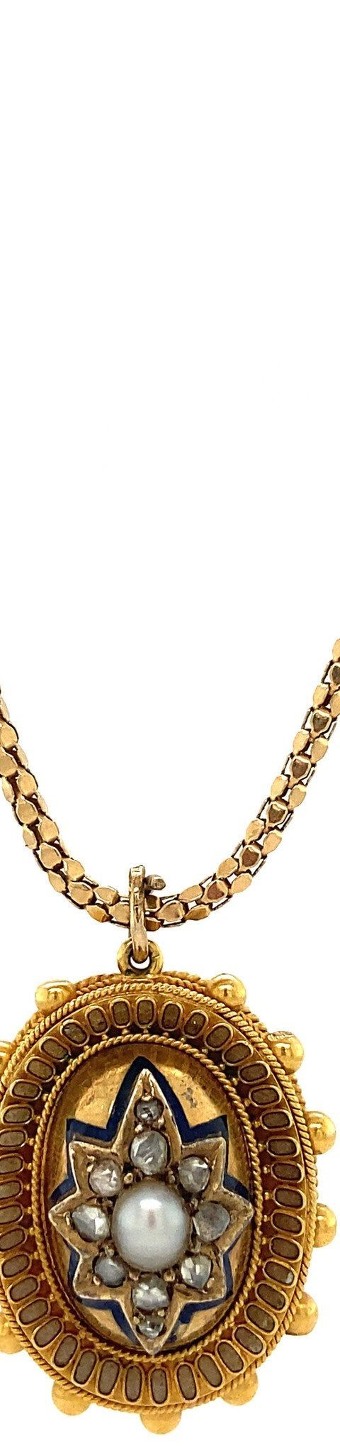 Vintage Gold Necklace with Pearl and Diamond Pendant 9 and 18K Gold
